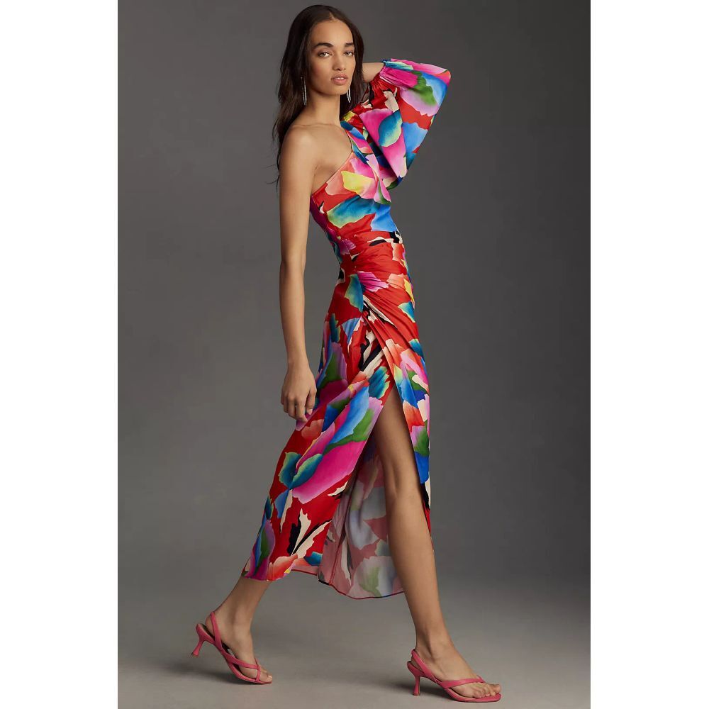 Anthropologie Farm Rio One-Shoulder Slim Floral Midi Dress Size Medium